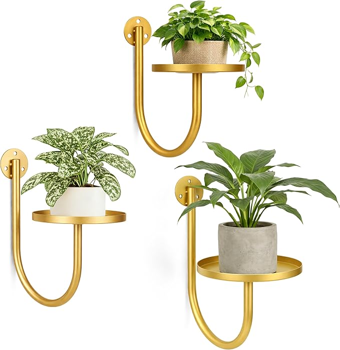 Wall Plant Holders for Indoor Plants, 3 Pack Metal Wall Mounted Plant Shelves，Modern Window Plant Hanger, Space Saving Hanging Planters for Living Room Bedroom Kitchen Bathroom Office Decor, Golden