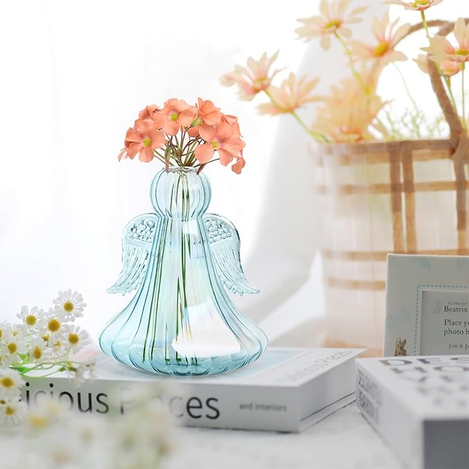 XXXFLOWER Angel Glass Vases Hanging Plant Propagation Station Unique Blue Angel Wings Nature Decor Vintage Style Glass Bottles with Angel Ornament Indoor Plant Terrarium Window Sill Home Wedding Decor