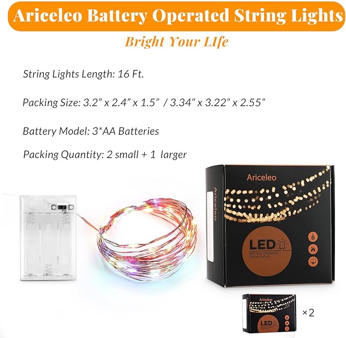 Ariceleo Led Fairy Lights Battery Operated, 2 Packs Mini Battery Powered Copper Wire Starry Fairy Lights for Bedroom, Christmas, Parties, Wedding, Centerpiece, Decoration (5m/16ft Multi-Colored)