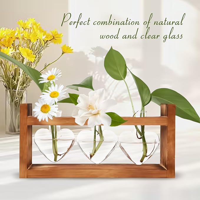 Wooden Base Glass Vase - Plant Holder & Propagation Station for Hydroponic Plants, Desktop Terrarium with Wooden Stand, Stylish Home & Office Décor, Great Gift for Plant Enthusiasts (YMFAX-3B)