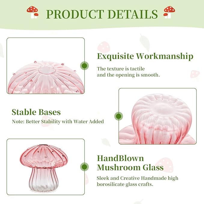 Glasseam Pink Glass Mushroom Vase: Cute Small Flower Vase Set of 10 Unique Mini Bud Vases for Centerpieces Decorative Vases for Flowers Funky Plant Vase Decor