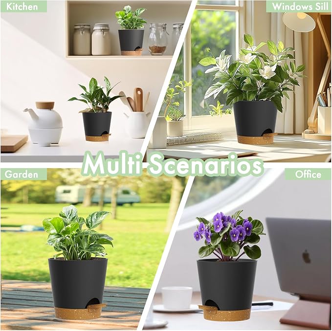 WSMKSZ 4 inch Self Watering Pots for Indoor Outdoor Plants, 6 Pack Plastic Flower Planters with Drainage Holes and Removable Saucers, Plant Pots with Wicking Rope, Modern Decor, Black Brown