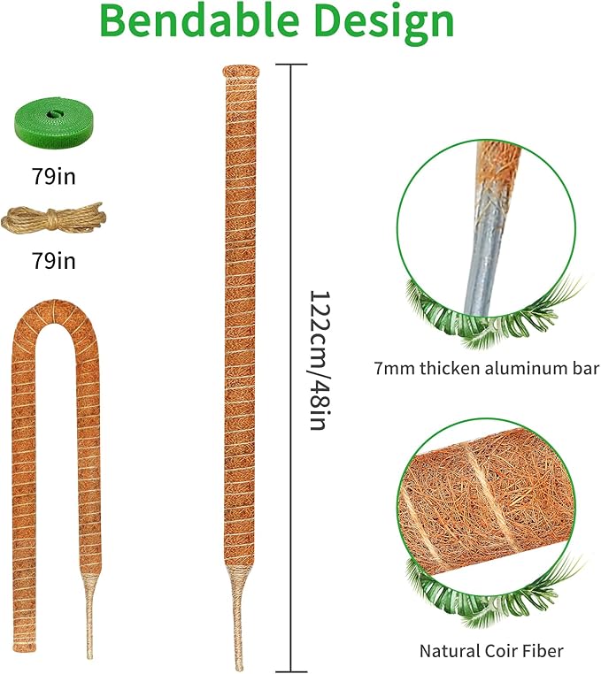 2 Pack 48 Inch Moss Pole Monstera Plant Support, Coir Moss Poles for Climbing Indoor Plants, Bendable Plant Stake Trellis for Potted Plant, Pothos, Philodendron