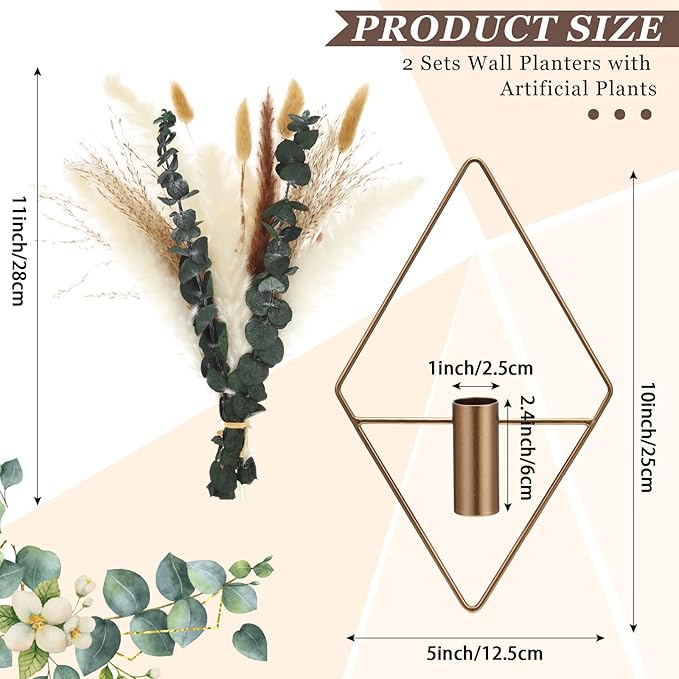 Canlierr 4 Pcs Antique Bronze Wall Decor Hanging Planters with Artificial Plants Eucalyptus Pampas Grass Metal Hanging Vase Indoor Plants Holder Modern Boho Wall Art for Bathroom Bedroom Living Room