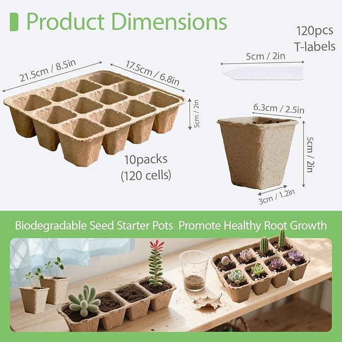 10-Pack Seed Starter Trays – Peat Pots for Seedlings, 120 Biodegradable Seed Starter Pots, Seed Starting Kit with 120 Plant Labels (Large)