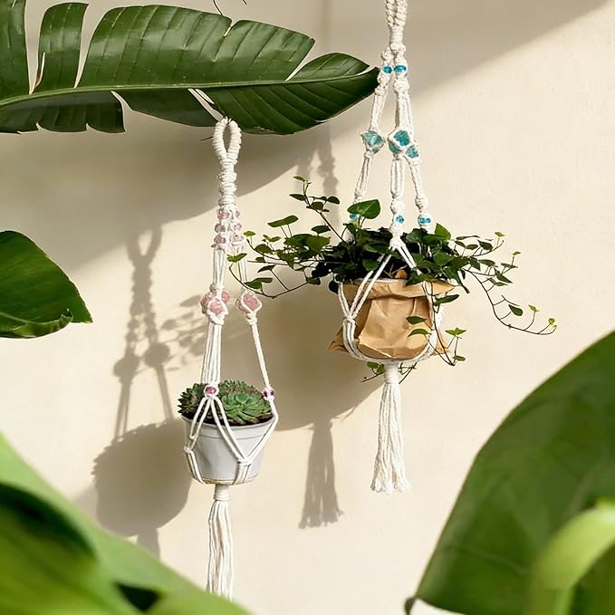 Nomylunota Macrame Plant Hanger with Boho Beads Handmade Hanging Planter Crochet Plant Holder(35.4 inches, Beige with Blue Pink Beads)