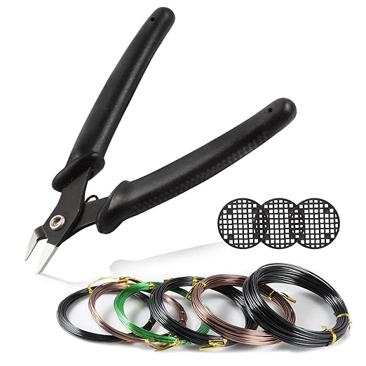 Bonsai Tool Kit - Aluminum Wire (1mm, 1.5mm, 2mm) - Black - 10M Rolls - Kit Includes Wire Cutter, Mesh Pads - Part Number: 15GD919