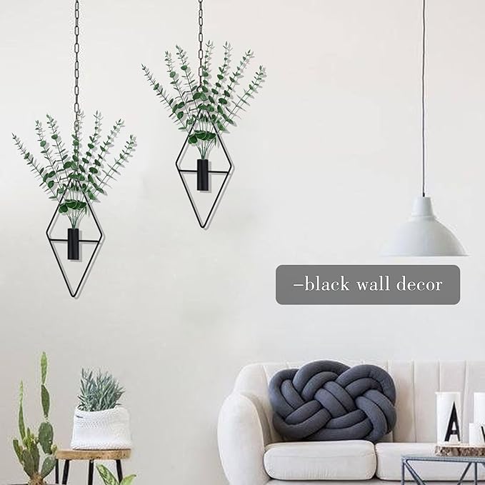 GREENTIME 2 Pack Hanging Plants Faux Eucalyptus with Black Diamond Metal Hanging Vase for Teacher Appreciation Living Room Bedroom Boho Kitche Wall Shelf Outdoor
