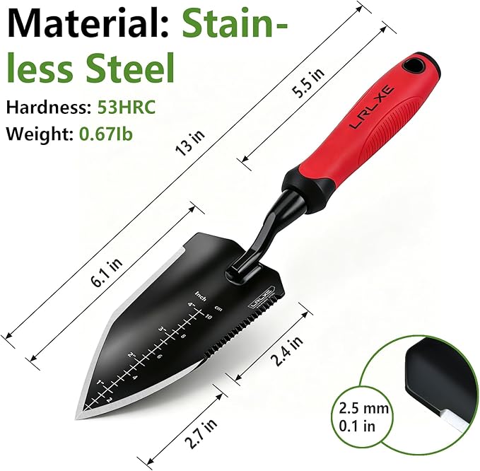 Heavy Duty Garden Trowel, Stainless Steel Pointed Hand Shovel with Non‑Slip Rubber Handle, Ideal for Digging, Weeding, Transplanting, Planting Bulbs & Soil Scooping