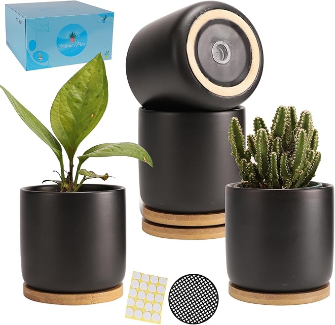 TAMAYKIM 4 Inch Ceramic Plant Pots with Drainage Holes, Adorable Flower Planter Pot with Tray for Indoor Plants, Succulent, Snake Plants, Cactus & Herbs, Black, Set of 4 (Plant Not Included)