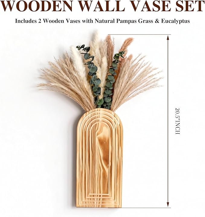 Wooden Wall Vase Set of 2 with Dried Pampas Grass & Eucalyptus – Boho Farmhouse Wall Decor for Living Room, Bathroom, Entryway or Hallway, Rustic Modern Wooden Wall Art