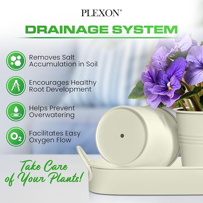 Plexon Herb Planter Indoor Garden Set of 3 with Tray, Metal Herb Pots for Indoor Plants, Round Kitchen Garden Kit Ideal for Windowsill Planter or Countertop, Off-White Powder Coated