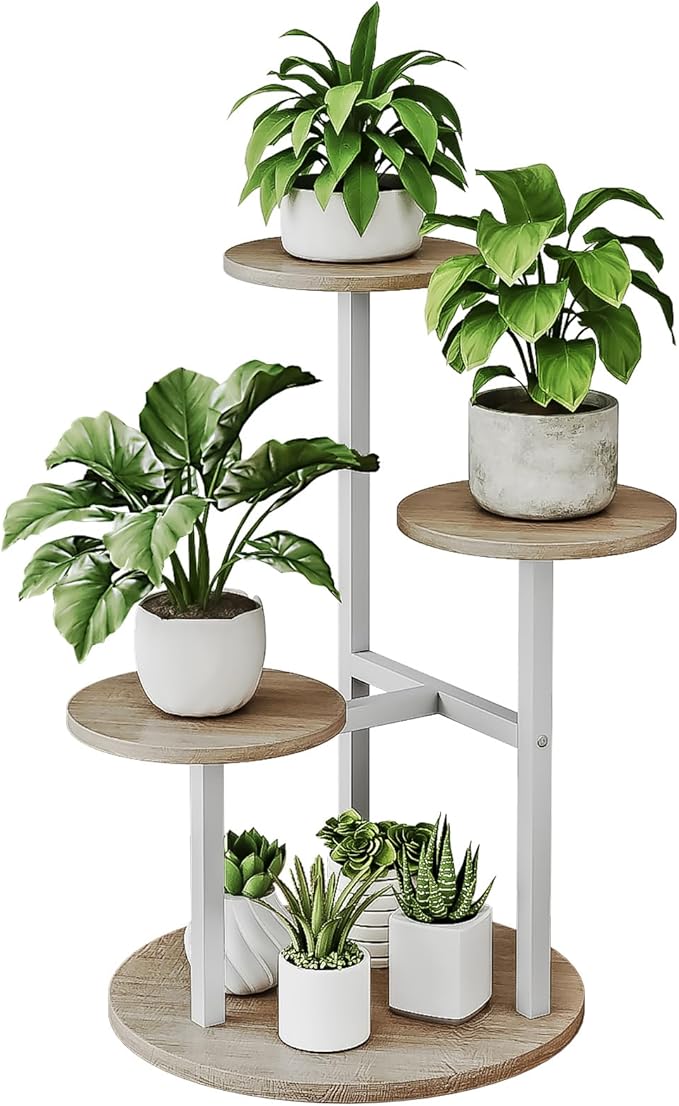 INGIORDAR Plant Stand Indoor Outdoor Corner Plant Shelf for Multiple Flower Pots Flower Stand Holder for Patio Garden Balcony Living Room (White+Sonoma Oak, 4 Tier)