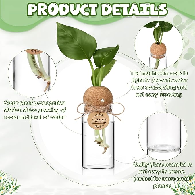 24 Pack 3.54'' Plant Propagation Stations 4 oz Glass Propagation Jars Planter Hydroponic Vase with Mushroom Hole Lid and Thank You Tags for Plant Lovers Office Home Garden