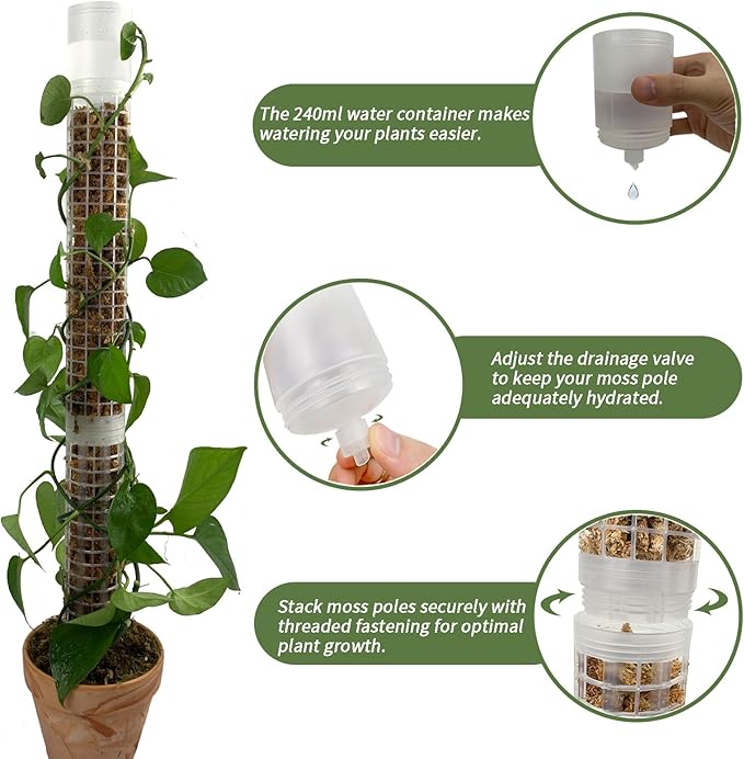 Jegu Self-Watering Moss Pole for Monstera Plant Support, 18.8 Inch Stackable Plastic Moss Pole for Climbing Plants. (4PACK-Large)