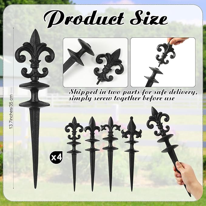 4 Pcs Antique Garden Hose Guide Spike, 13.7" Fleur De Lis Decorative Cast Iron Finial Stakes Heavy Duty Metal Plant Saver Tools Outdoor Hose Protection for Lawn Yard Patio(Black,Assorted Styles)