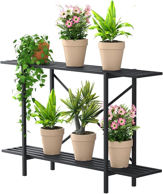 Zhongma 2 Tier Window Height Metal Sturdy Heavy Plant Stand, Narrow Plant Stand Indoor and Outdoor, L45.67 x W10.3 x H27.5 inch, 440 LBS Capacity & Heavy Duty Construction. …