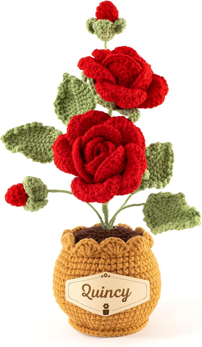 Crochet Flowers with Personalized Leather Name Tag Handmade Knitted Flowers for Home Office Desk Decor Crochet Rose Flower Potted Plant Crochet Gift for Women,Mom,Teacher, Birthday(Red)