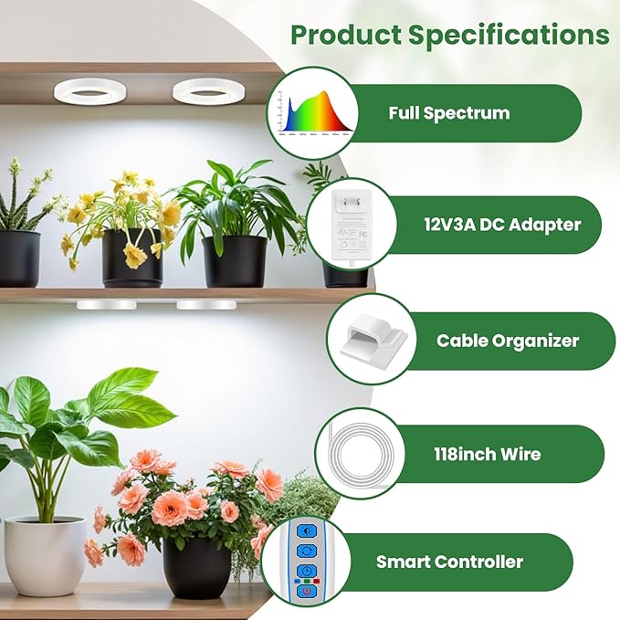 Kullsinss Plant Light, 6 Heads 12V3A Full Spectrum LED Grow Lights for Indoor Plants, 3.5" Under Cabinet Grow Lamp for Small Plants with 6/12/16H Auto Timer, 3 Spectrum Modes, 5 Brightness Levels