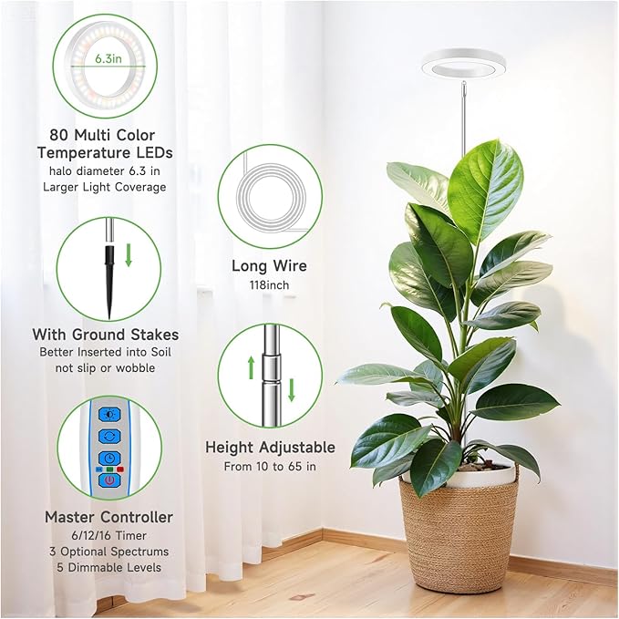Aokrean 6.3in Grow Light, 80 LED Full Spectrum Halo Plant Lights for Indoor Growing, Height Adjustable 10"-65" Growing Lamp, Auto Timer 6/12/16Hrs, 3 Lighting Modes, Idea for Large Plant, 3 Pack