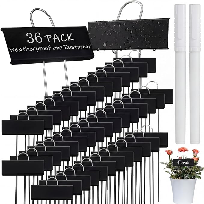 Maitys 38 Pcs Metal Plant Labels Garden Markers Outdoor Weatherproof 10.6 Inch Stainless Steel Nursery Tags Reusable Bulk with Pens for Flower Fruit Vegetable Seedling (Black Label with White Ink)