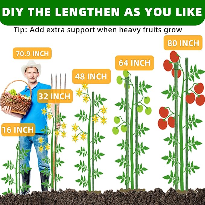 Fabulas Garden Stakes 16 Inch 30 Pack, Diy 4ft 5ft 6ft 7ft 8ft Tomato Stakes Plastic Coated Metal Plant Sticks Stakes Supports with 20 Connectors 15 Rotatable Clips for Indoor Outdoor Plants Vegetable