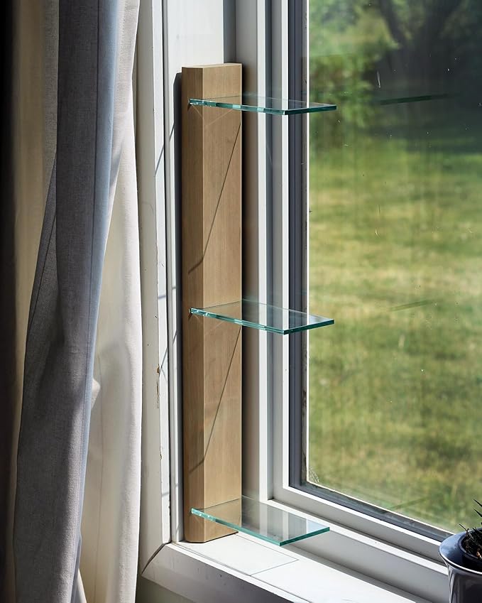 Daniel's Plants 3 Tiered Window Sill Plant Shelf (Real Wood & Glass) | Renter Friendly Window Shelves | Removable Indoor Plant Stand with Hook-and-Loop | Easy Setup | Solid Wood (Prairie Sand)