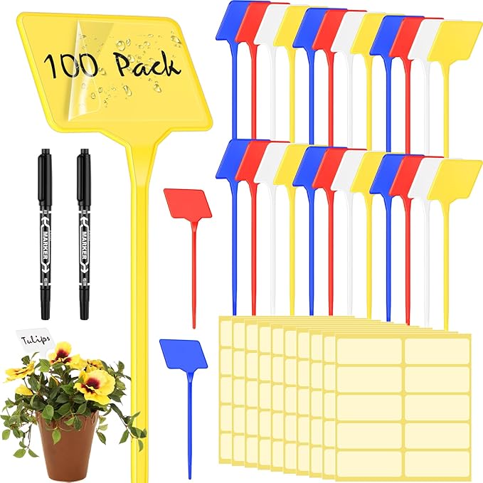 Marsui 202 Pcs Large Plant Labels Kit, Include 100 Outdoor Plastic Plant T Type Tags Waterproof Reusable Plants Markers Stakes, 100 PET Films and 2 Marker Pens for Herbs Pot (Multicolor,6 Inch)