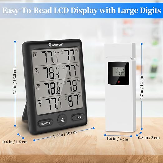 Geevon Indoor Outdoor Thermometer Wireless with 3 Remote Sensors, Digital Hygrometer Thermometer, Wireless Temperature Humidity Monitor Gauge with 200FT/60M Range