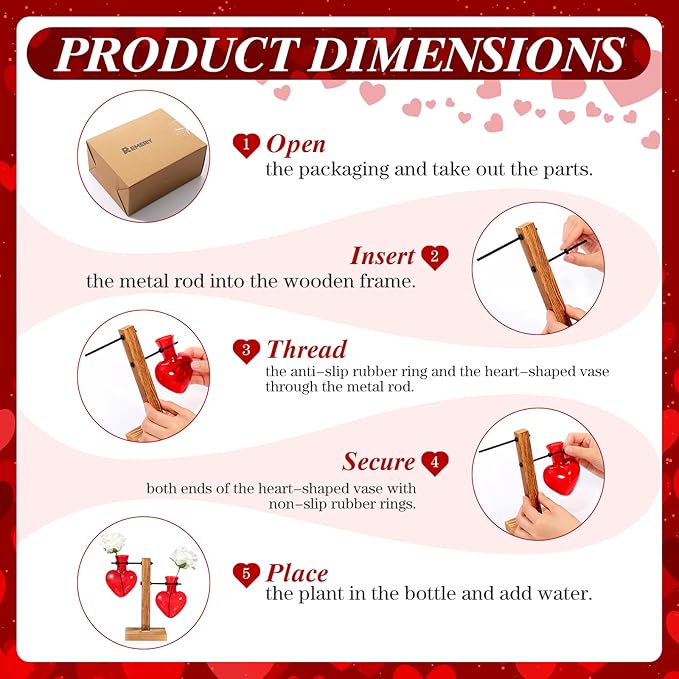 Remerry Red Heart Plant Terrarium with Wooden Stand 2 Heart Glass Vases Planter Propagation Station Tabletop Planter for Hydroponics Decor Plant Lover Gift