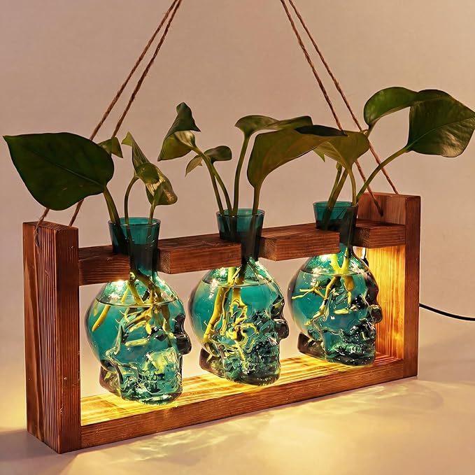Skull Plant Propagation Station with LED Lights - Halloween Decor Skull Planter, Hydroponics Pot for Office, Unique Gifts for Women & Plant Lovers(Grey)