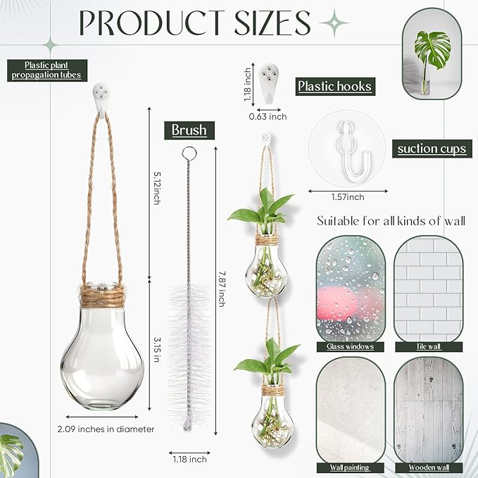 Baderke 12 Sets 3.15" Plastic Window Propagation Stations Hanging Propagation Vases Plant Test Tubes with Suction Cup & Traceless Nail & Brush Clear Wall Jars for Office Home Garden Decor Lover Gift