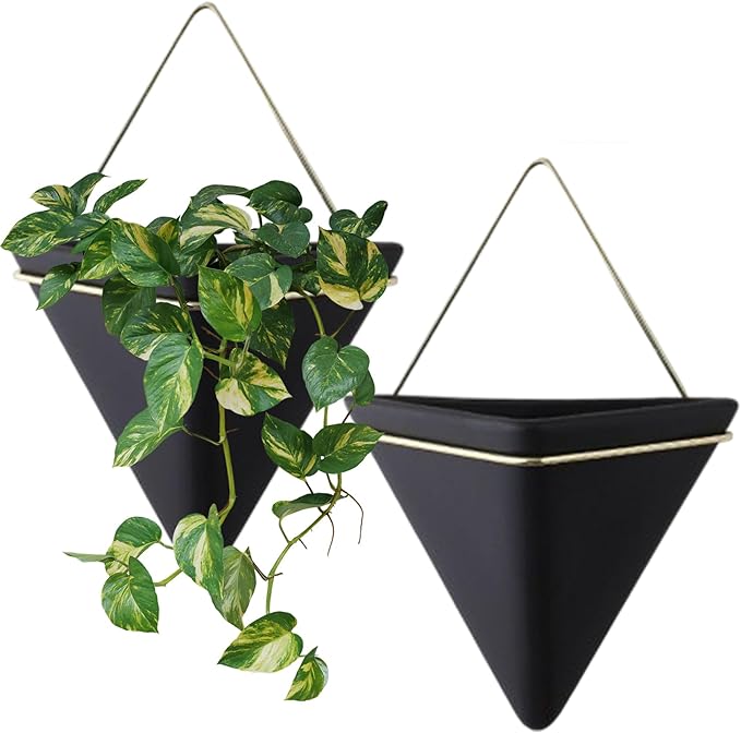 2Pcs Wall Planter for Indoor Plants, Ceramic Hanging Wall Planter with Metal Frame Geometric Decor for Air Plant Mini Cactus Faux Plants, Décor de pelouse