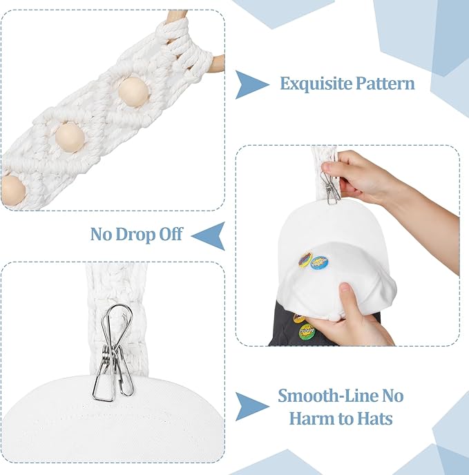 Windyun 2 Pcs Boho Hat Rack for Baseball Caps, Holds up to 20 Hats, Macrame Hat Hangers Wall Mounted, Hanging Cap Holder over Door for Caps Decoration and Display