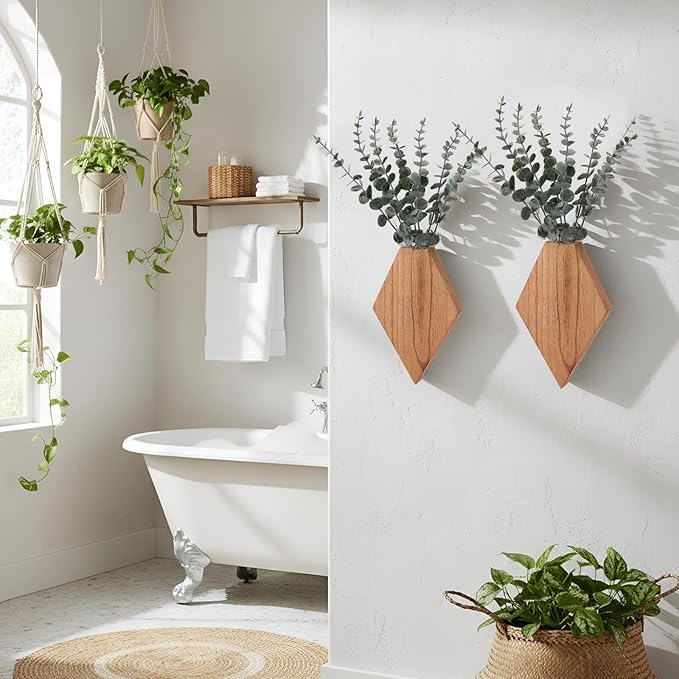 Chunful 2 Pcs Wooden Wall Planter Decor Hanging Fake Plants Greenery Flowers Holder Vase Boxes for Wall Bohemian Farmhouse Room Kitchen Office Indoor Decoration (Wooden Color,9.8 x 6.6 x 1.2 Inches)