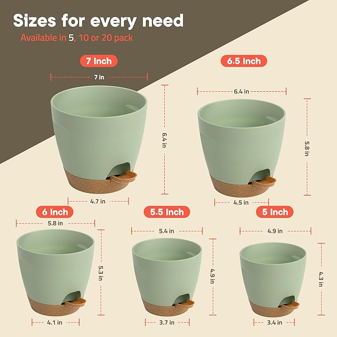 Green Self Watering Pots 5 Pack, Indoor and Outdoor Plant Pots with Wick Rope & Drainage Holes, Easy Watering Lip, Lightweight Plastic Self Watering Planter for Succulents, Houseplants, and Herbs