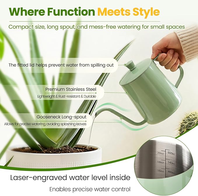 Watering Can for Indoor Plants, 20 oz Metal Small Plant Watering Can with Long Spout for House Plants, 13.5 oz Glass Plant Mister Spray Bottle for Bonsai Garden Flowers Decorative (Green)
