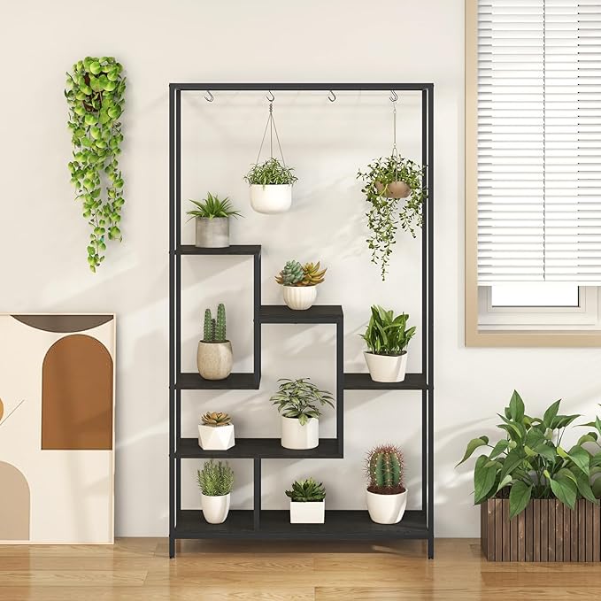 6-Tier Plant Stand Indoor, 70.9" Tall Plant Stand with 10 S Hanging Hooks, Metal Plant Shelf Corner Plant Stands for Indoor Plants, Garden, Balcony, Living Room (Black)