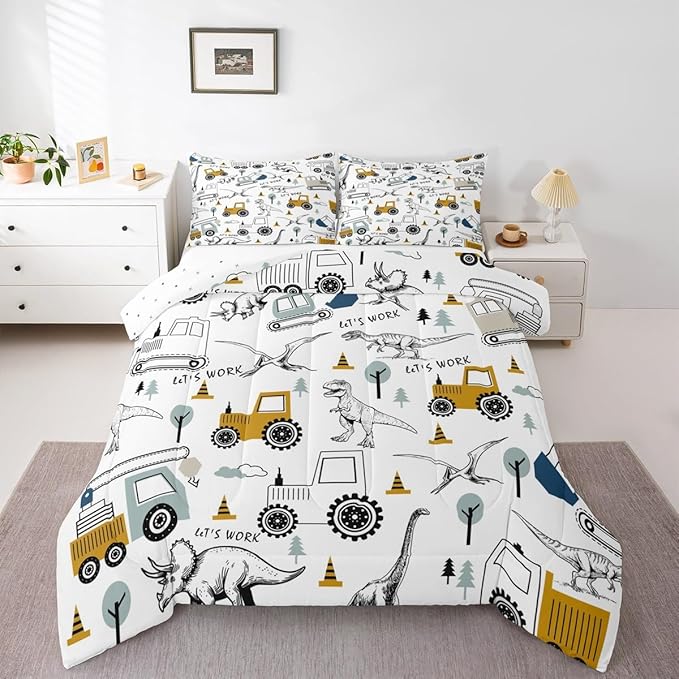 Feelyou Construction Comforter Set Queen Size Kids Cartoon Car Excavator Tractor Toddler Comforter Equipment Trucks Dinosaur Comforter Set Construction Vehicles White Yellow Duvet Set Quilt Set