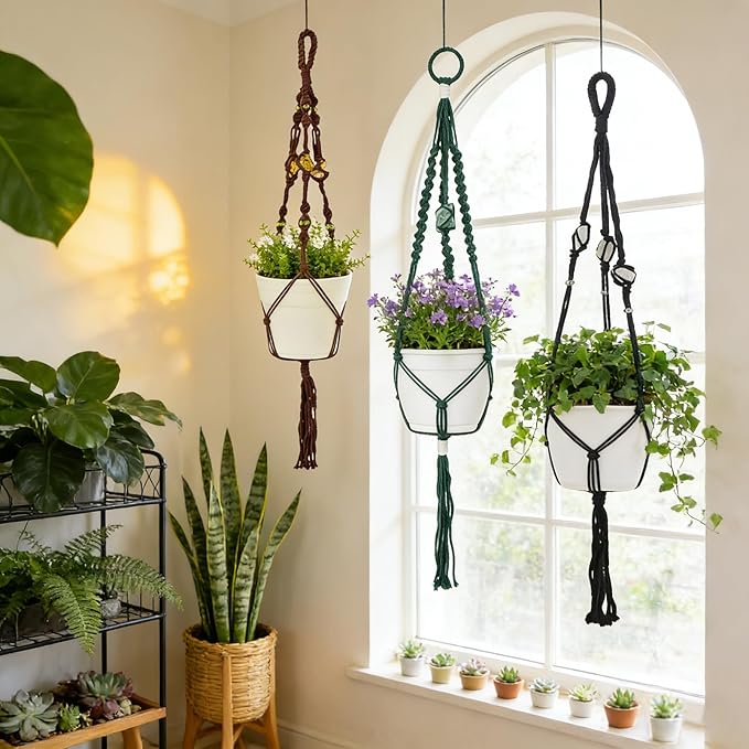 Nomylunota Macrame Plant Hanger with Boho Beads Handmade Hanging Planter Crochet Plant Holder(35.4 inches,Green & Brown & Black)