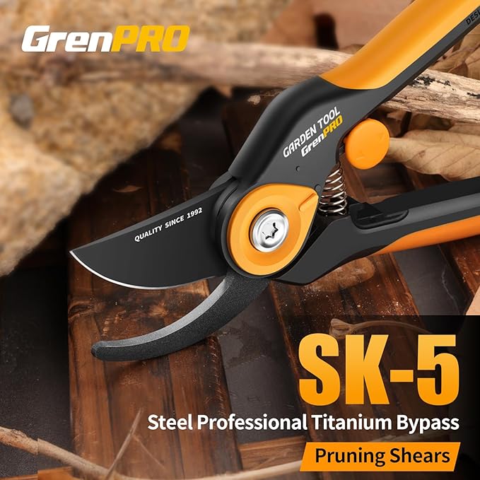 GrenPRO Bypass Pruning Shears 8.6", Heavy Duty Garden Clippers Handheld Cuts 1.38" Hardwood, Sharp SK5 Titanium Blades for Rust-Proof & Non-Stick, Ergonomic Garden Scissors for Plant Flower