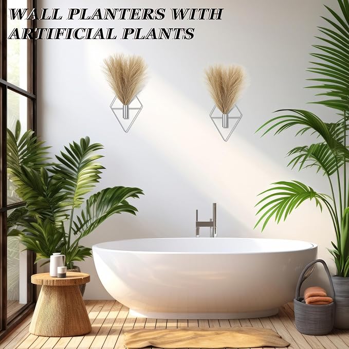 Canlierr 2 Pieces Boho Wall Decor Hanging Planters with Artificial Plants Metal Hanging Vase Indoor Plants Holder Modern Wall Art for Bathroom Bedroom Living Room Decor, Silver, Pampas Grass