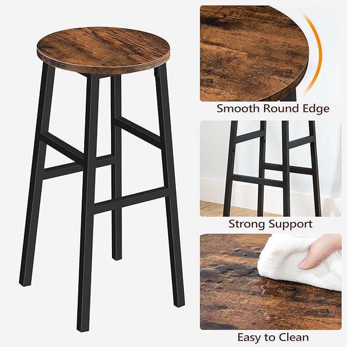 MAHANCRIS Bar Stools, Set of 2 Round Bar Chairs with Footrest, 28 Inch Kitchen Breakfast Bar Chairs, Industrial Bar Stools, Easy Assembly, for Dining Room, Kitchen, Rustic Brown BAHR02701
