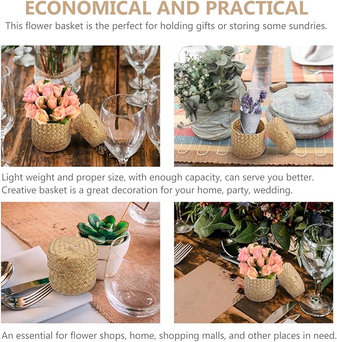 PRETYZOOM Handmade Woven Flower Basket with Lid Mini Straw Storage Basket for Home Decorations Gift Packaging Sundries Container 5.11X5.11X4.13 Inch