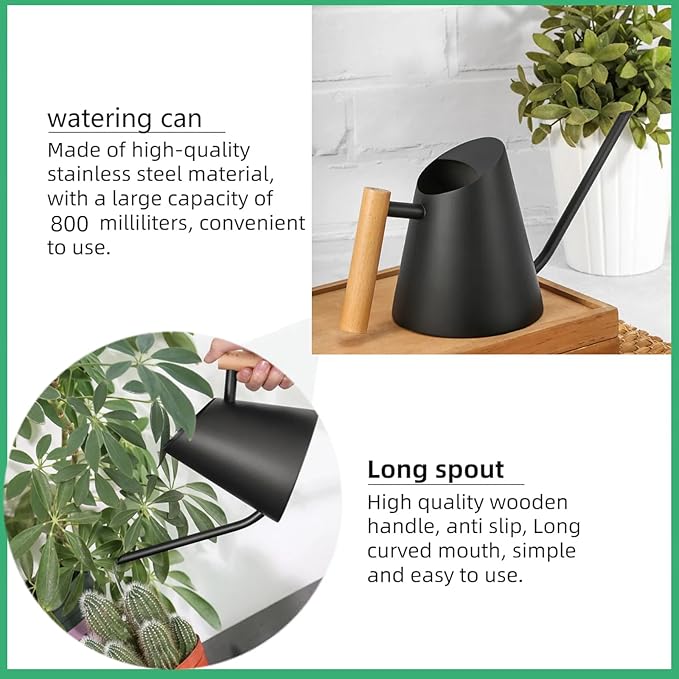 800ml Indoor Watering Can with Long Spout,28oz Capacity, Black Metal with Wood Handle (Black-Z2)