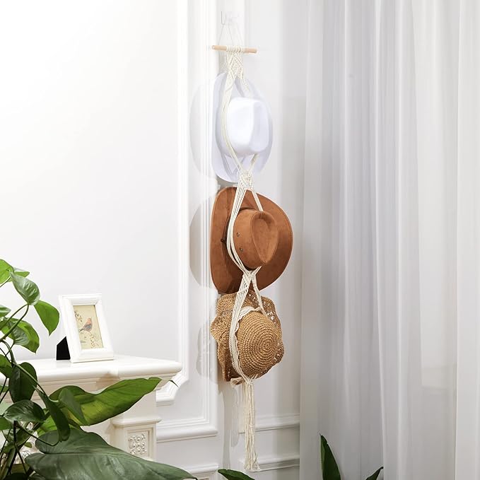 Yulejo Macrame Hat Hangers Boho Hat Rack for Wall Western Cowboy Hanging Organizer for Door Wall Room Bedroom