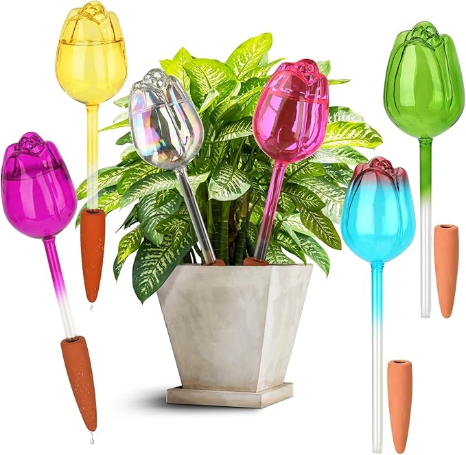 VZZNN 6 Set Self Watering Globes - Automatic Plant Watering System with Spikes for Indoor & Outdoor Plants, Glass Bulbs for Potted Houseplants Vacation Care