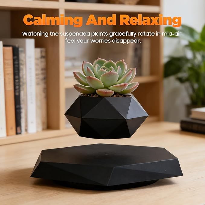 Magnetic Levitating Rotating Planter Pot - Floating Hexagon Flower Pot for Air Plants, Succulents, Bonsai | Modern Home Office Desk Decor, Soil-Free Hydroponic Planter in Black