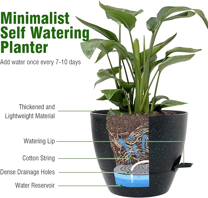 WSMKSZ 10 inch Self Watering Pots, Planter, Plant Pots with Mesh Drainage Holes for Indoor Outdoor House Plants and Garden, 2 Pack Plastic Flower Pots with Reservoir, Black with Green Speckles
