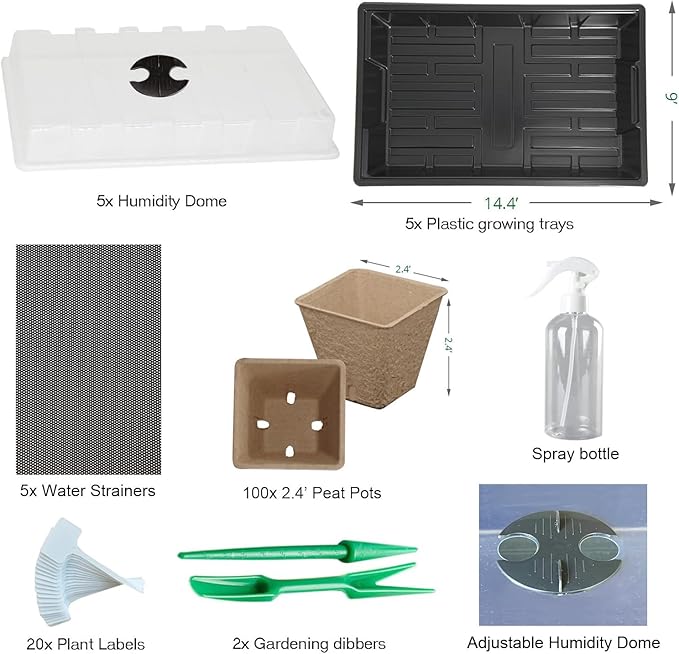 Seed Starter Kit with 100 Peat Pots for Seedlings Seed Starter Tray, 5 Plastic Growing Trays with Water Strainer & Adjustable Humidity Dome Outdoor or Indoor Herb Garden Nursery